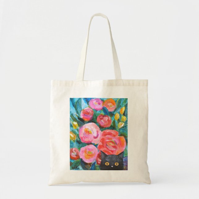 Bolsa Tote Gato Preto com Flores Gordas, Arte Gato Única (Frente)