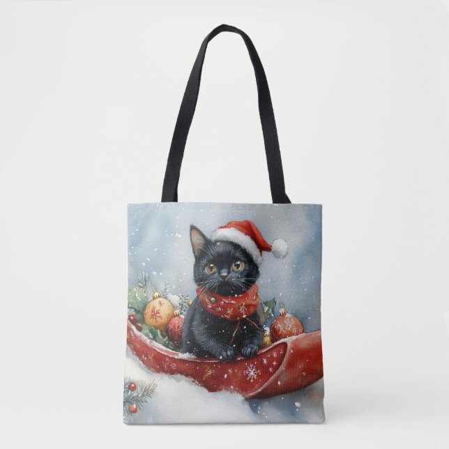 Bolsa Tote Gato Preto com Lama Deixe-o nevar Natal (Frente)