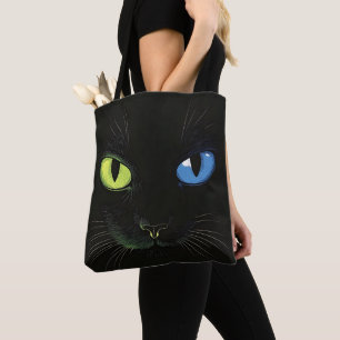Bolsa Tote Gato preto com olhos verdes e azuis