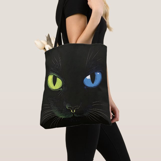 Bolsa Tote Gato preto com olhos verdes e azuis (Close Up)