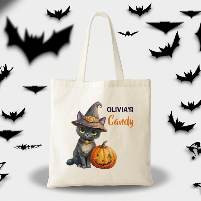 Bolsa Tote Gato preto das Halloween ou lanterna personalizado (Halloween cute black cat jack o lantern customized name tote bag Halloween gifts for kids)