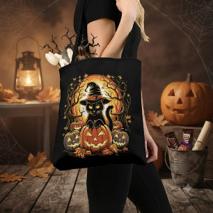 Bolsa Tote Gato Preto de Halloween Abóbora Bruxa Gato Assusta