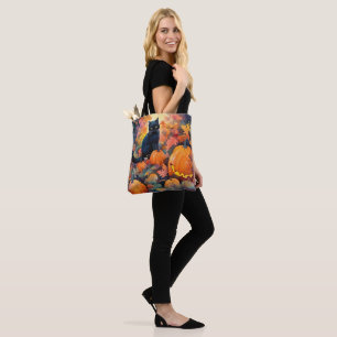 Bolsa Tote Gato Preto de Halloween com Abóboras Assustador