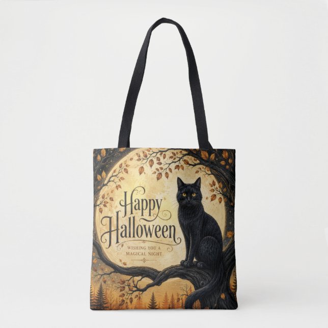 Bolsa Tote Gato Preto do Dia das Bruxas Lua Cheia Árvore (Frente)