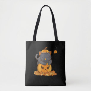 Bolsa Tote Gato Preto do Halloween na Pumpkin com Folhas de o
