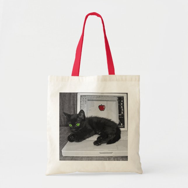 Bolsa Tote Gato preto do Prunella que lounging no laptop (Frente)