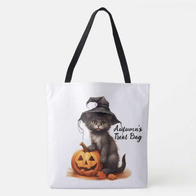 Bolsa Tote Gato preto e abóbora personalizados (Frente)