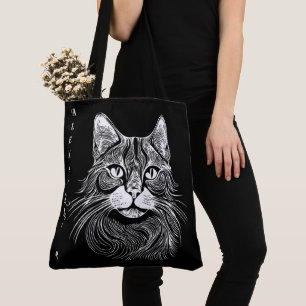 Bolsa Tote Gato preto e branco elegante desenhado à mão perso
