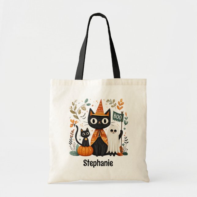 Bolsa Tote Gato Preto e Fantasma Personalizado (Frente)