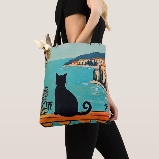 Bolsa Tote Gato Preto e Mar (Close Up)