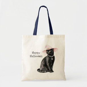 Bolsa Tote Gato Preto Elegante Chapéu Rosa Halloween