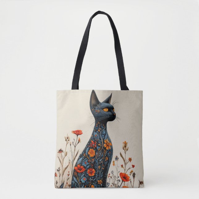 Bolsa Tote Gato Preto Elegante Com Flores Estético (Frente)