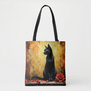 Bolsa Tote Gato Preto Elegante e Rosa Vermelha