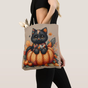 Bolsa Tote Gato Preto em Abóbora com Padrão de Colcha de Outo