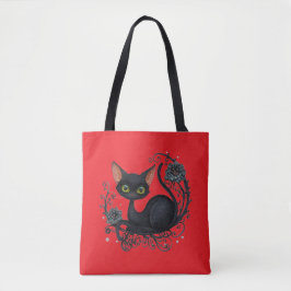 Bolsa Tote Gato Preto em um Berço de Flores