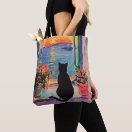 Bolsa Tote Gato preto engraçado a desfrutar do pôr do sol