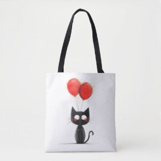 Bolsa Tote Gato preto engraçado com balões vermelhos