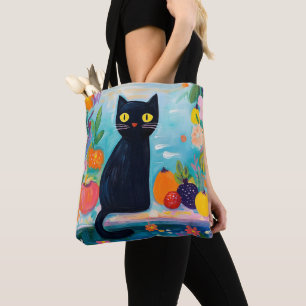 Bolsa Tote Gato Preto Engraçado com Frutas Frescas Coloridas