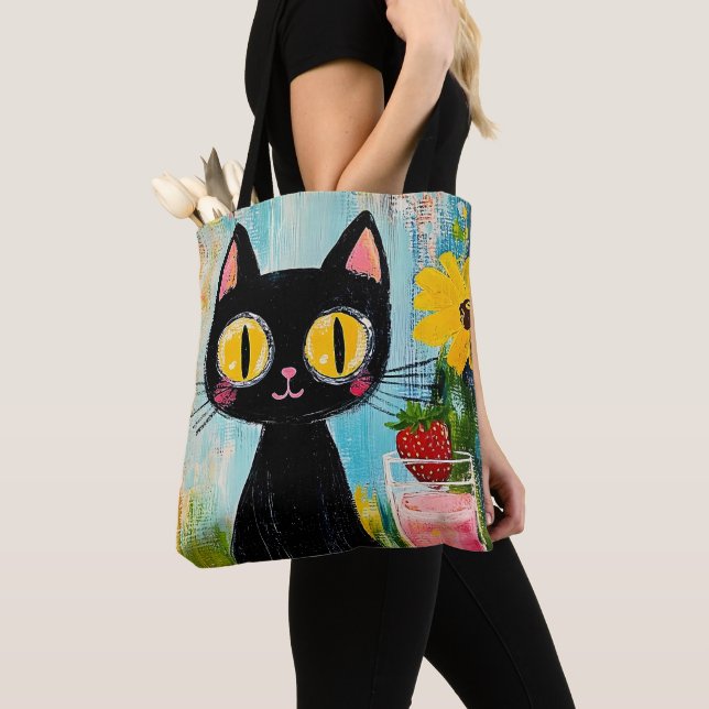 Bolsa Tote Gato Preto Engraçado com Morango (Close Up)