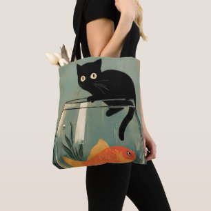 Bolsa Tote Gato preto engraçado com peixe