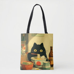 Bolsa Tote Gato Preto Engraçado Comendo Ramen