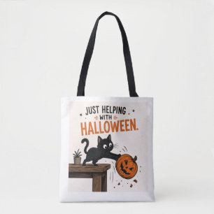 Bolsa Tote Gato Preto Engraçado Derrubando Abóbora de Hallowe