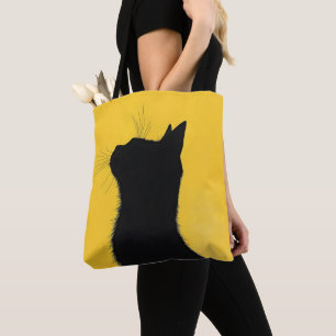 Bolsa Tote Gato preto engraçado e elegante em fundo amarelo