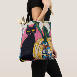 Bolsa Tote Gato Preto Engraçado e Vaso de Flores