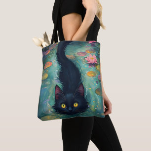Bolsa Tote Gato preto engraçado está nadando 