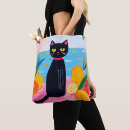 Bolsa Tote Gato Preto Engraçado Fruta Fresca e Mar