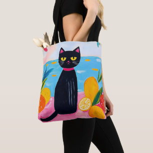 Bolsa Tote Gato Preto Engraçado Fruta Fresca e Mar