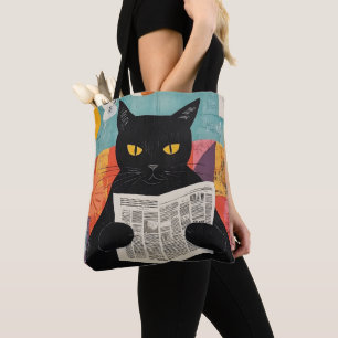 Bolsa Tote Gato preto engraçado lendo jornal