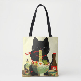 Bolsa Tote Gato Preto Feliz Comendo Ramen Ukiyo-e Japonês