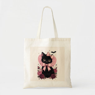 Bolsa Tote Gato Preto Flor de Rosa com Laço Rosa