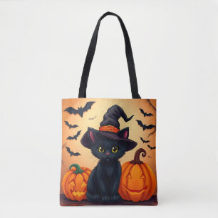 Bolsa Tote Gato Preto Fofo de Chapéu de Bruxa Cercado por Abó