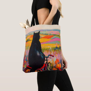 Bolsa Tote Gato Preto Fofo Desfrutando da Natureza com Bicicl