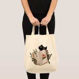 Bolsa Tote Gato Preto Fofo e Livro Floral