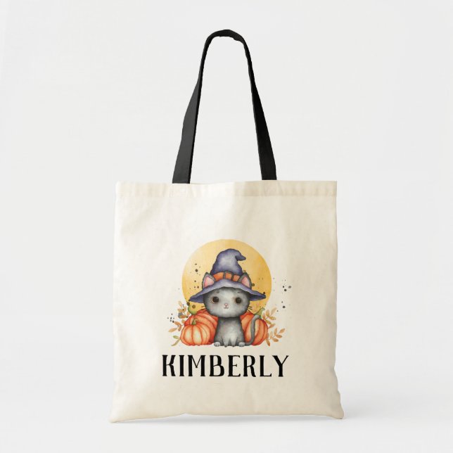 Bolsa Tote Gato Preto Fofo Personalizado de Halloween  (Frente)