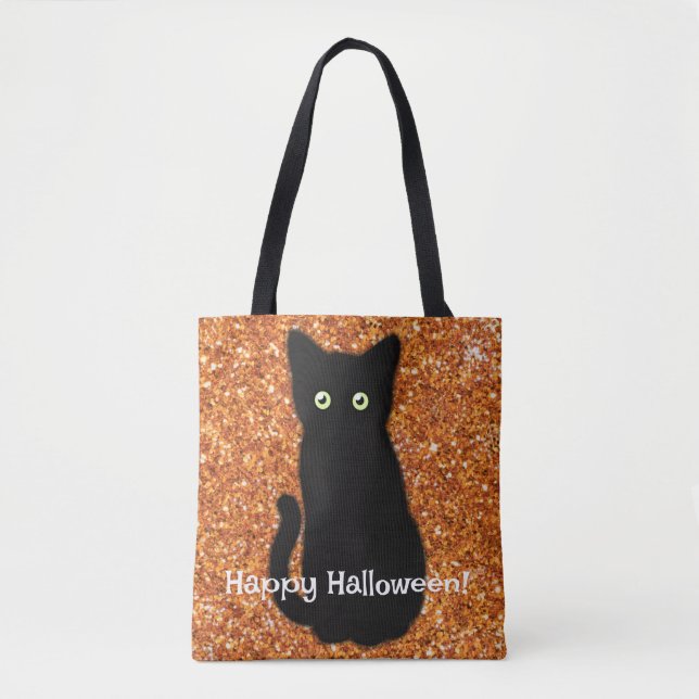 Bolsa Tote Gato preto, gatinho fofo, brilho laranja espumante (Frente)