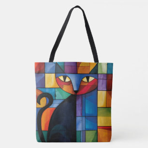 Bolsa Tote Gato Preto Geométrico Vidro Pintado Grid