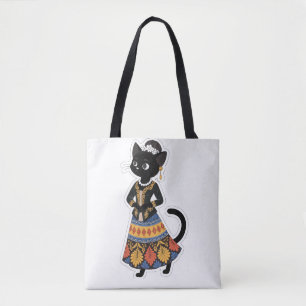 Bolsa Tote Gato Preto Javanês Estético em Kebaya Tradicional