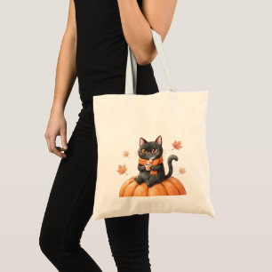 Bolsa Tote Gato Preto Kawaii de Outono Aconchegante Café com 
