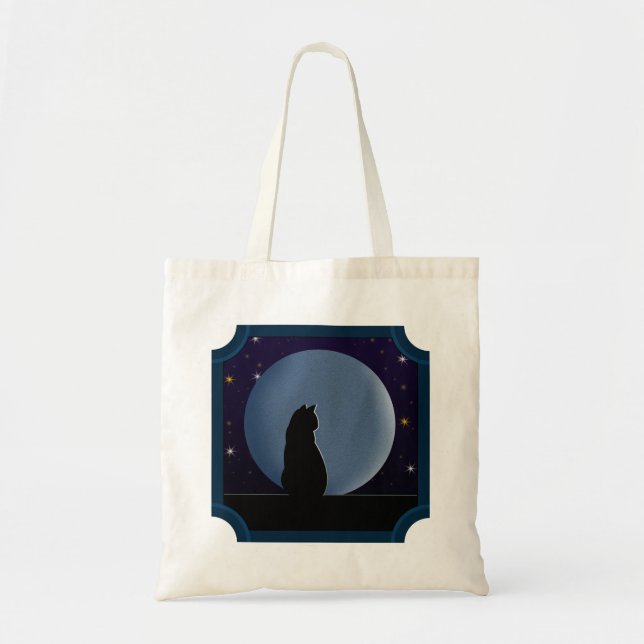 Bolsa Tote Gato Preto, Lua Cheia, Estrelas (Frente)