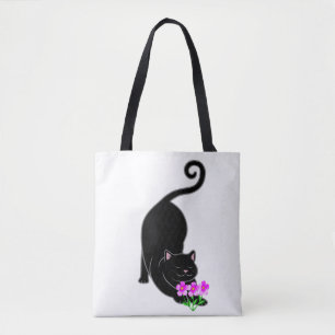 Bolsa Tote Gato preto para baixo e flores cor-de-rosa