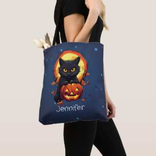 Bolsa Tote Gato Preto Personalizado com o Halloween de Abóbor
