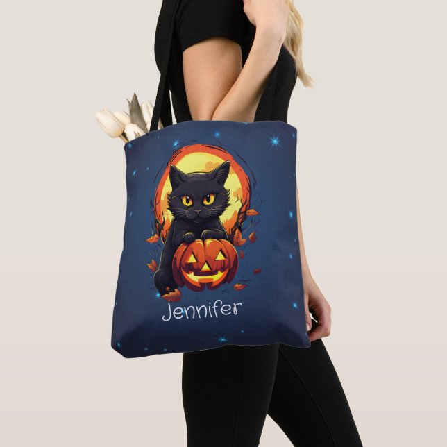 Bolsa Tote Gato Preto Personalizado com o Halloween de Abóbor (Close Up)