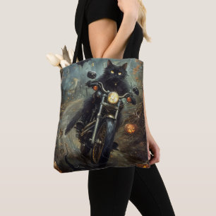 Bolsa Tote Gato Preto Pilotando Moto Halloween Assustador