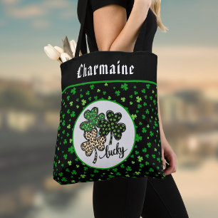 Bolsa Tote Gato Preto Sortudo Impressão Verde do Trevo de São