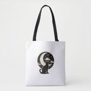 Bolsa Tote Gato Preto Vintage Sob Lua Crescente Minimalista