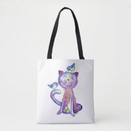 Bolsa Tote Gato Roxo Caprichoso Fofo com Pássaros